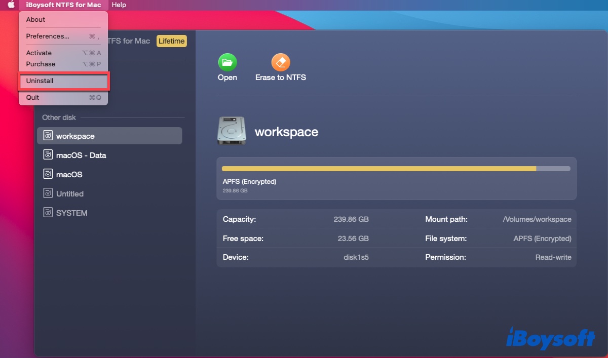 Uninstall iBoysoft NTFS for Mac